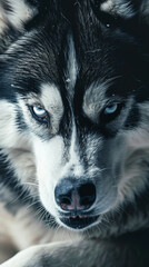 Wall Mural - A close up of a dog's serious face with a blue eye