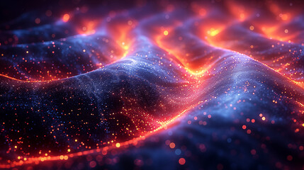 Wall Mural - Abstract digital wave of glowing particles in vibrant blue and orange hues. Concept of data visualization, quantum computing, and futuristic technology.