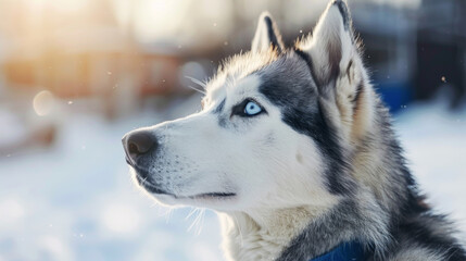 Wall Mural - A siberian husky dog with a blue collar is standing in the snow, resting
