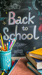© Viktoriia - 'Back to school' text written by chalk on a blackboard with coloured pencils and school equipment. Generative AI