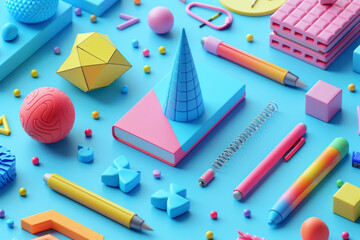 Poster - Minimalist 3D isometric background with geometric shapes and subtle school-themed accents,