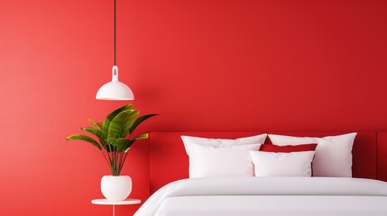 A minimalist bedroom in bold red tones, with ample copy space for adding text or graphics. The simple yet elegant design is perfect for showcasing modern interior concepts.