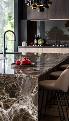 Wall Mural - Warm Sophistication: Emperador Marble Kitchen - Countertops and Backsplash, Natural Lighting - Ideal for Elegant Spaces