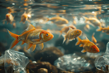 An underwater scene with a school of fish swimming around plastic bottles and bags,