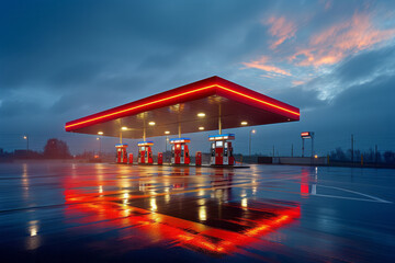 Wall Mural - Sleek, modern gas station at dusk with bright LED lights illuminating the pumps,