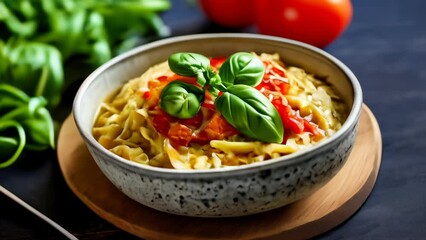 Poster -  Delicious pasta dish with fresh basil and cherry tomatoes