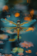 Aufkleber - A dragonfly with heterochromatic wing patterns, hovering above a pond,