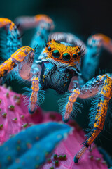 Aufkleber - Macro shot of a spider with heterochromatic leg patterns, each leg showing a different color,