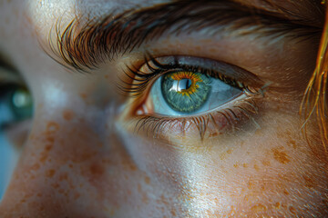 Poster - Macro image of a personâ€™s heterochromatic eyes, one olive green and one light gray, highlighting the unique coloration,