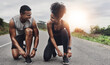 © peopleimages.com - Nature, fitness and couple tie laces in road with running exercise for race or marathon training. Sports, outdoor and team of track and field athletes preparing for cardio workout in mountain.
