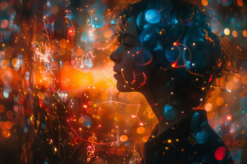 Poster - Abstract representation of a composer with their thoughts materializing as vibrant, colorful musical notes,