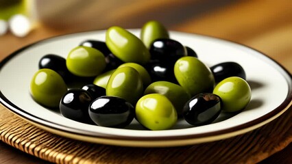 Canvas Print -  A vibrant mix of green and black olives on a plate