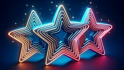 3D 3 stars with neon red and blue colors in an abstract space	