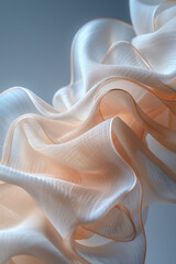 Poster - Detailed shot of delicate, flowing silk ribbons suspended in the air, creating elegant waves on a white backdrop,