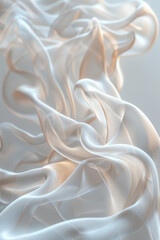 Poster - Detailed shot of delicate, flowing silk ribbons suspended in the air, creating elegant waves on a white backdrop,