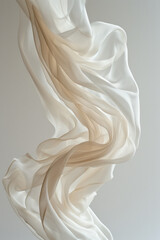 Poster - Close-up of a sheer, light fabric drifting softly in mid-air on a minimalist white background,