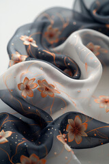 Poster - Macro shot of silky fabric with intricate patterns, suspended and flowing beautifully against a white background,