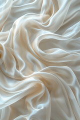 Poster - Macro view of smooth, luxurious silk material creating soft, flowing waves in the air, set against a minimalist white background,
