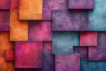 Fototapete - Minimalist geometric design with large, intersecting squares and rectangles in shades of purple, orange, and turquoise,