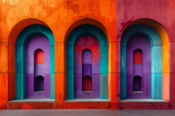 Fototapete - Clean geometric pattern featuring large squares and rectangles, complemented by curved arches in purple, orange, and turquoise,