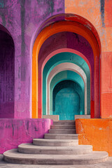 Fototapete - Geometric wallpaper design featuring big squares and rectangles with elegant arches in a color scheme of purple, orange, and turquoise,