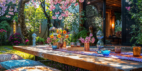 Serene boho table with pillows, a long rustic table with colourful pots and vases in a lush green garden, outdoor wellness retreat.