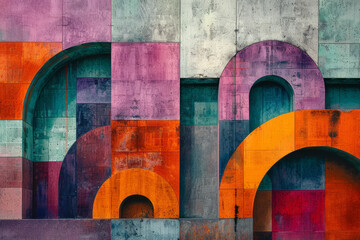 Fototapete - Artistic geometric pattern with large squares and rectangles, enhanced by dynamic arches in shades of purple, orange, and turquoise,