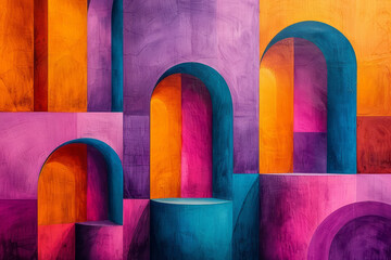 Fototapete - Contemporary geometric pattern with oversized squares and rectangles, complemented by smooth arches in shades of purple, orange, and turquoise,