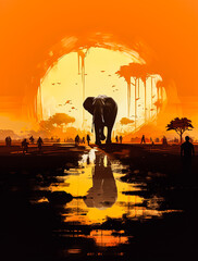 Wall Mural - A painting of an elephant standing in front of a sunset