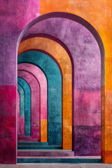 Fototapete - Bold geometric pattern with large squares and rectangles, punctuated by fluid arches in vibrant purple, orange, and turquoise,