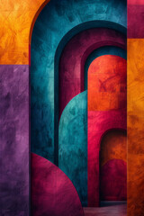 Poster - Bold geometric pattern with large squares and rectangles, punctuated by fluid arches in vibrant purple, orange, and turquoise,