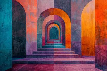 Fototapete - Contemporary geometric artwork featuring oversized squares and rectangles with sweeping arches in purple, orange, and turquoise,