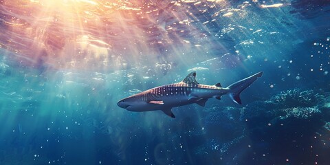 Shark swimming underwater marine life with bubbles and sunlight in blue deep waters, wide banner of marine life with copy space. Generative ai