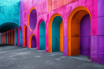 Fototapete - Clean geometric pattern with large squares and rectangles, enhanced by curved arches in shades of purple, orange, and turquoise,
