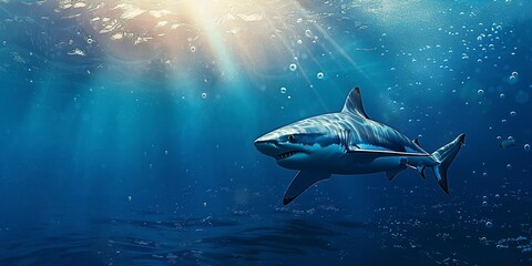 Wall Mural - Shark swimming underwater marine life with bubbles and sunlight in blue deep waters, wide banner of marine life with copy space. Generative ai