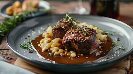 Slow cooked German Wagyu beef roulades with spaetzle in spicy gravy on Nordic plate