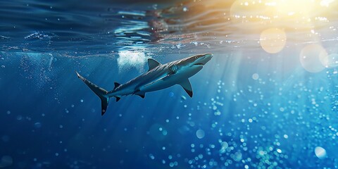 Shark swimming underwater marine life with bubbles and sunlight in blue deep waters, wide banner of marine life with copy space. Generative ai