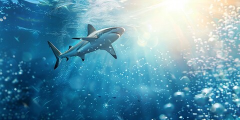 Wall Mural - Shark swimming underwater marine life with bubbles and sunlight in blue deep waters, wide banner of marine life with copy space. Generative ai