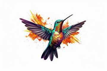 Wall Mural - A colorful hummingbird is flying in the air with its wings spread wide