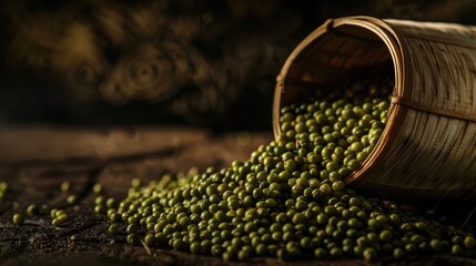 Green mung beans spilled from a bamboo cup in a dark and light illuminated photograph