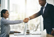 © peopleimages.com - Shaking hands, greeting and business people in office with partnership, agreement, b2b merger. Welcome, deal and hr manager handshake with hiring candidate for corporate onboarding in workplace.