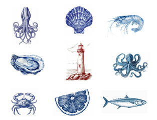 Wall Mural - A variety of sea creatures, including a crab, a lobster, a shrimp, and an octopus. There is also a lighthouse in the background