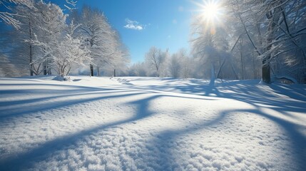 Wall Mural - Landscape covered in a large amount of freshly fallen snow on a bright sunny day