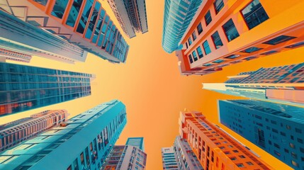 Poster - Looking up at skyscrapers with an orange sky background. Vibrant cityscape with modern architecture. Ideal for business and urban themes