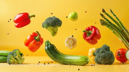 Lots of flying fresh vegetables on a yellow background. Tomatoes, cucumbers, broccoli, peppers. Ripe vegetables, diet.