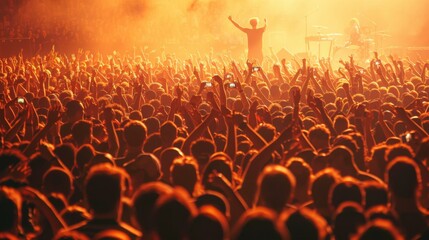 Poster - A large crowd of people are cheering at a music concert. The stage lights are shining brightly, illuminating the crowds raised hands. The atmosphere is energetic and exciting.