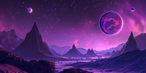 Wall Mural - alien planet landscape with planets and stars in the sky, fantasy art style.