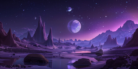 Wall Mural - alien planet landscape with planets and stars in the sky, fantasy art style.