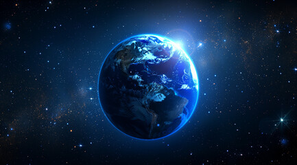Wall Mural - background of the earth with blue light rays and stars in space, planet earth with glowing sun star 