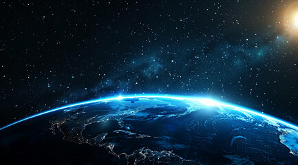 Wall Mural - background of the earth with blue light rays and stars in space, planet earth with glowing sun star 